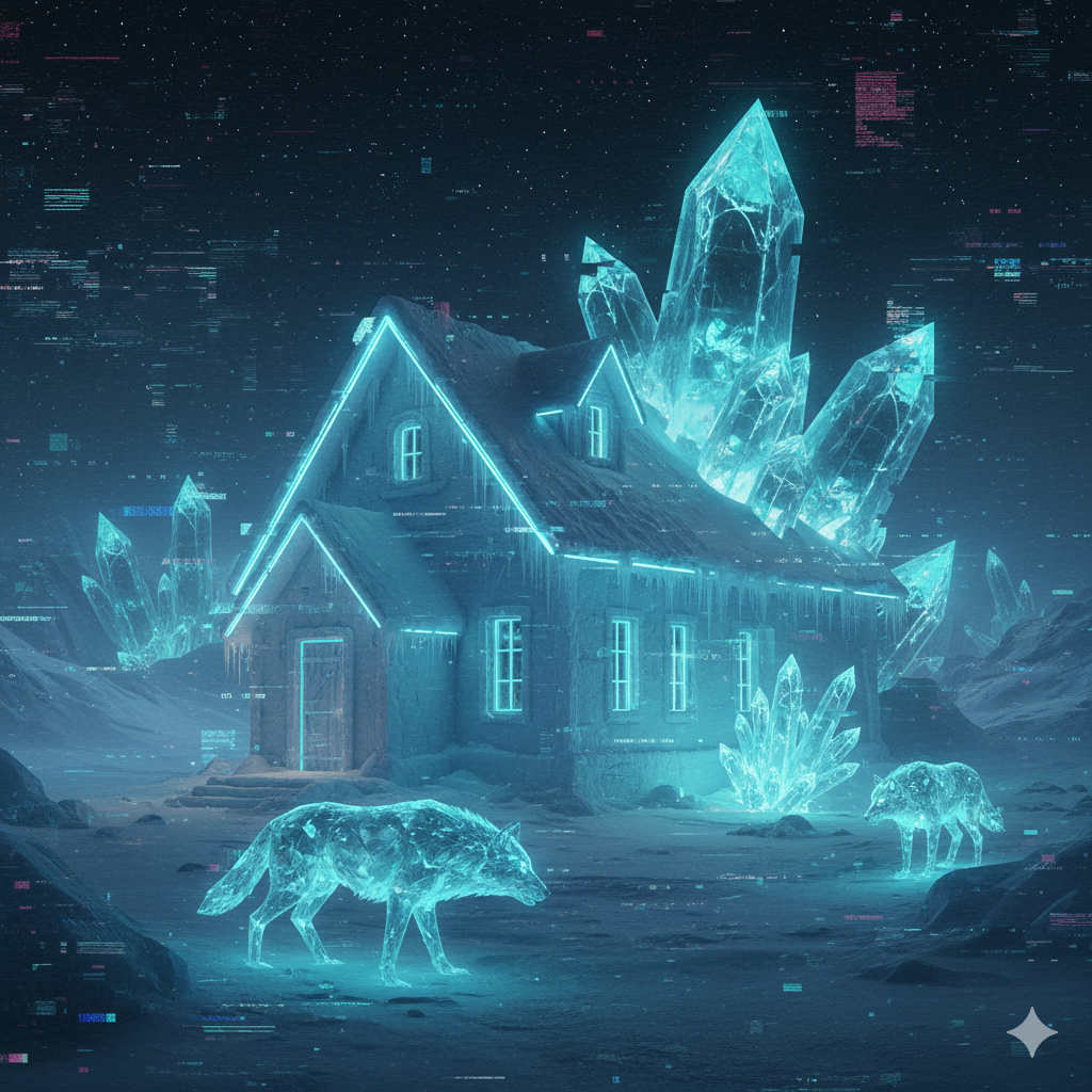 Cozy wooden cabin inside a massive Giza pyramid, flanked by glowing Sphinx statues in a desert, under a cosmic starry night.Pyramid apex with neon blue halo and lightning. Heavy digital glitch-art effect, cool aesthetic.